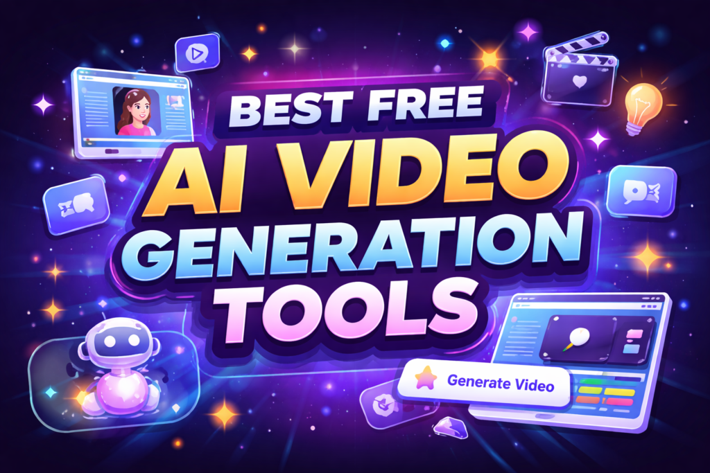 Best Free AI Video Generation Tools - digital illustration showing AI video editing, laptop, robot assistant, and futuristic icons