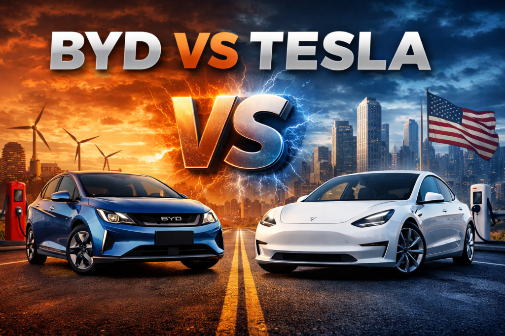 BYD and Tesla electric cars facing off with US city skyline and charging stations in the background